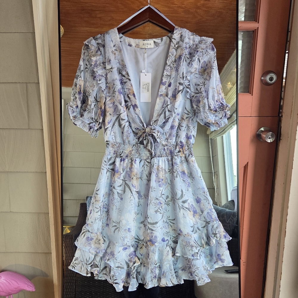 NWT Aura Light Blue Floral Short Sleeve Dress Garden Spring Cottagecore Medium